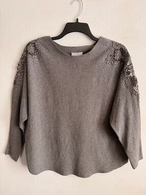 Embellished Gray Knit Top with Lace Shoulder Detail